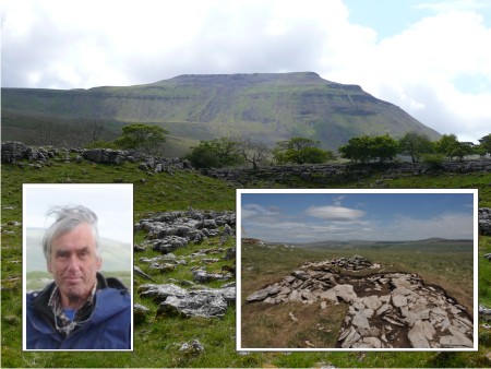 Ingleborough with David Johnson (inset left) and the Selside excavation (inset right)